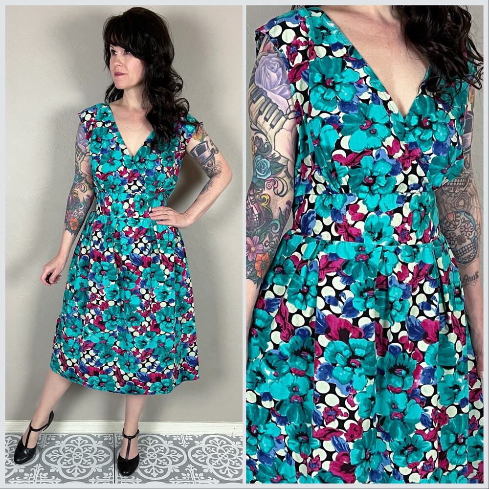 Vintage 1990s Teal Floral and Polka Dot Print Sleeveless Cotton Dress